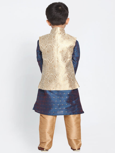 Vastramay Silk Blend Rose Gold and Blue Baap Beta Jacket Kurta Pyjama set
